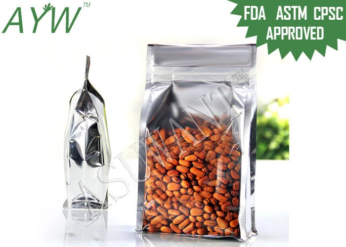 Bolsas de refugio de fondo plano para alimentos, bolsas de plástico transparente con papel de aluminio laminado en plata