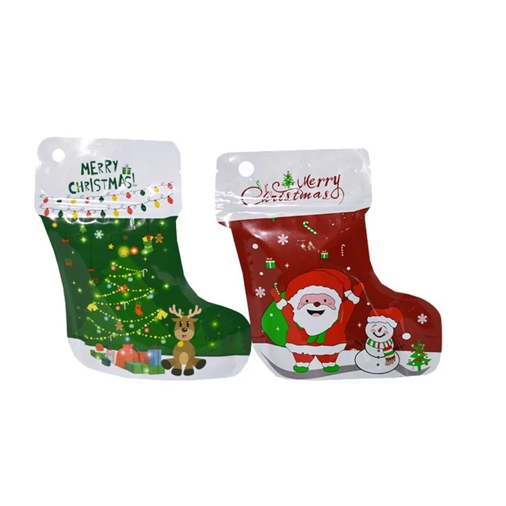 Custom Printing Resealable Plastic Merry Christmas Sock Shaped Candy Sugar Food Packaging Zipper Stand Up Mylar Bag