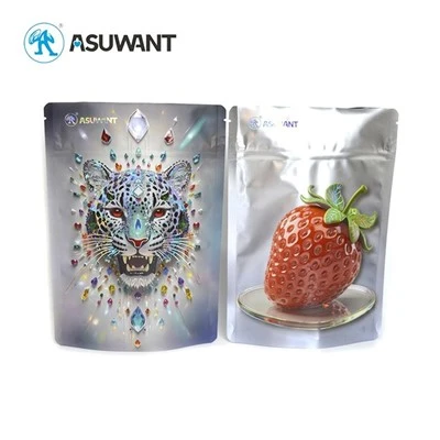 Bolsa de pie con impresión Digital de MOQ bajo, bolsa de embalaje de plástico inverso UV con brillo UV 3D en relieve personalizado para alimentos